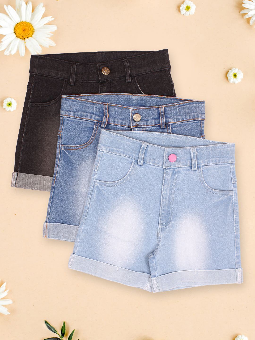 

CUTECUMBER Girls Pack of 3 Mid-Rise Above Knee Embellished Regular Fit Denim Shorts, Blue