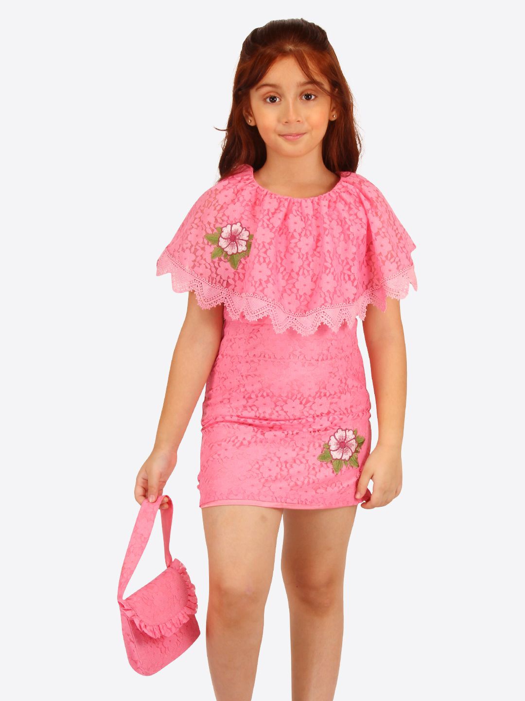 

CUTECUMBER Girls Floral Cape Sleeve Applique Net Sheath Dress, Pink