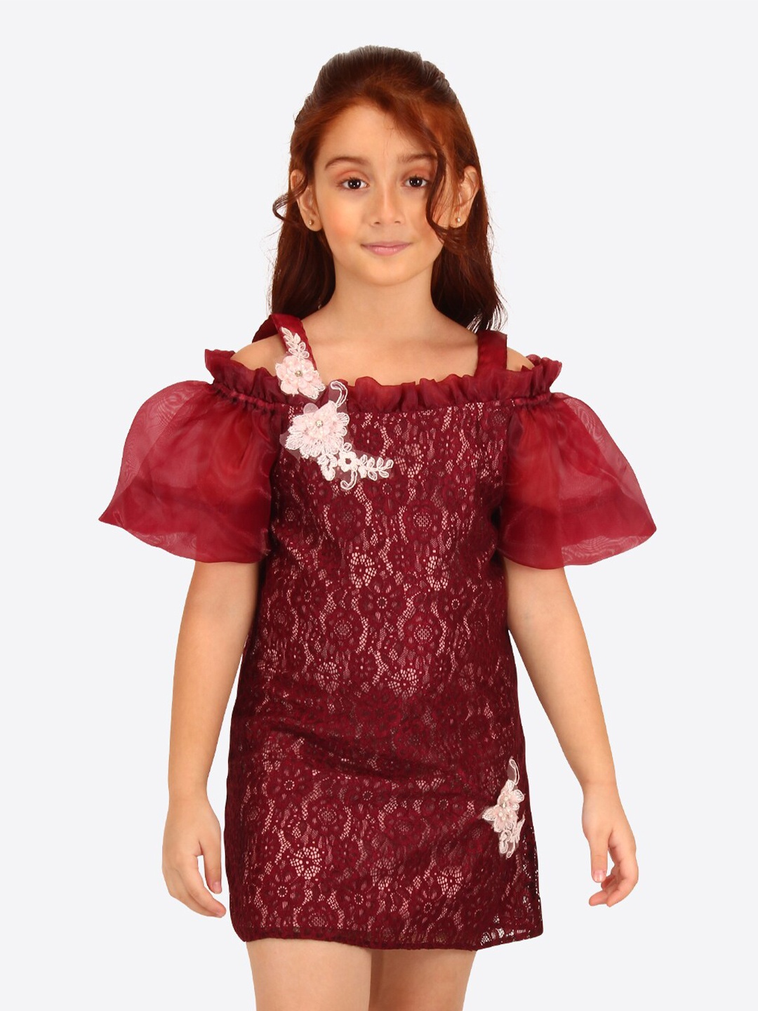 

CUTECUMBER Embellished Cold-Shoulder Applique Lace Sheath Dress, Maroon