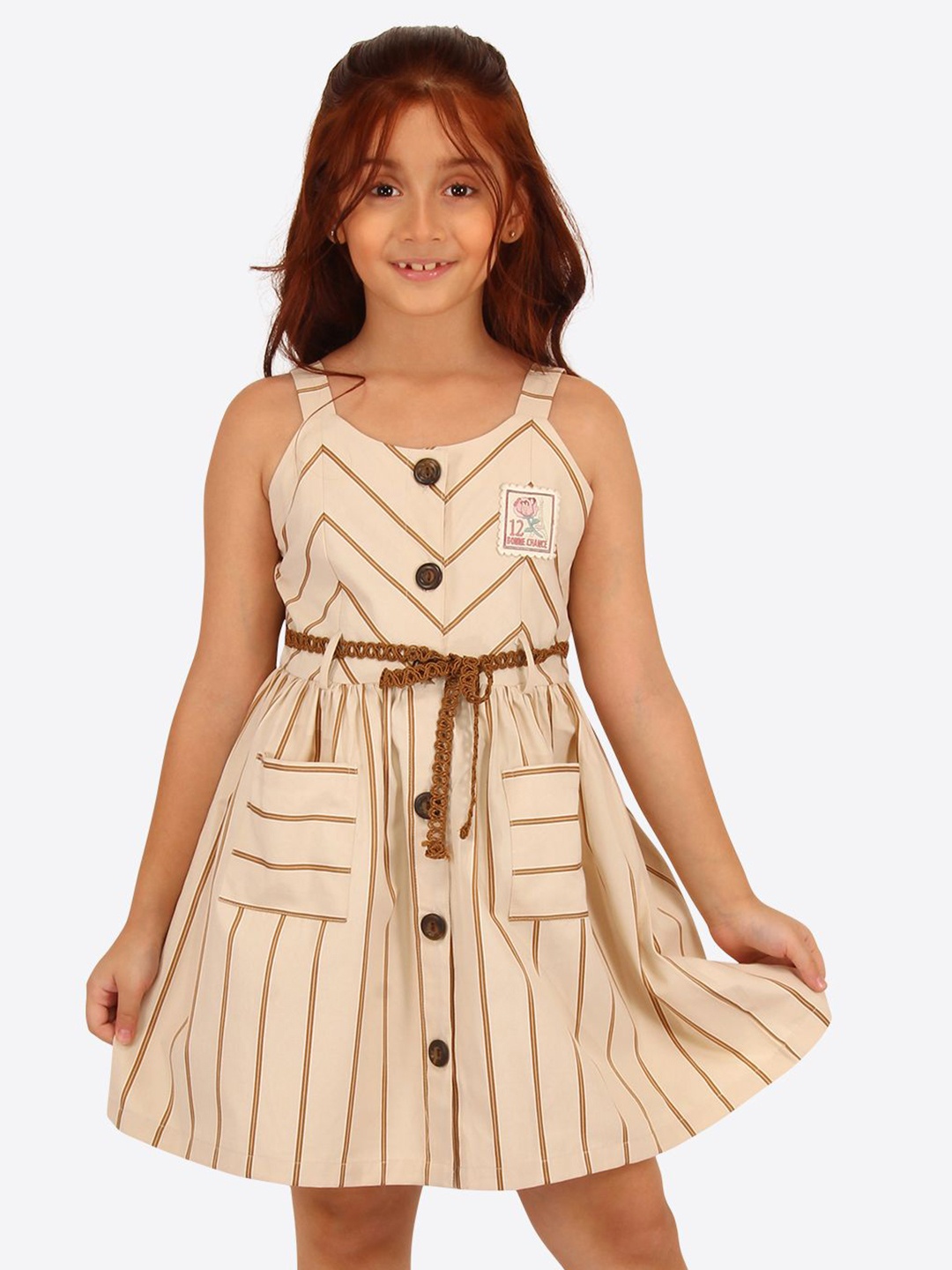 

CUTECUMBER Girls Striped Shoulder Straps Shirt Dress with Belt, Beige