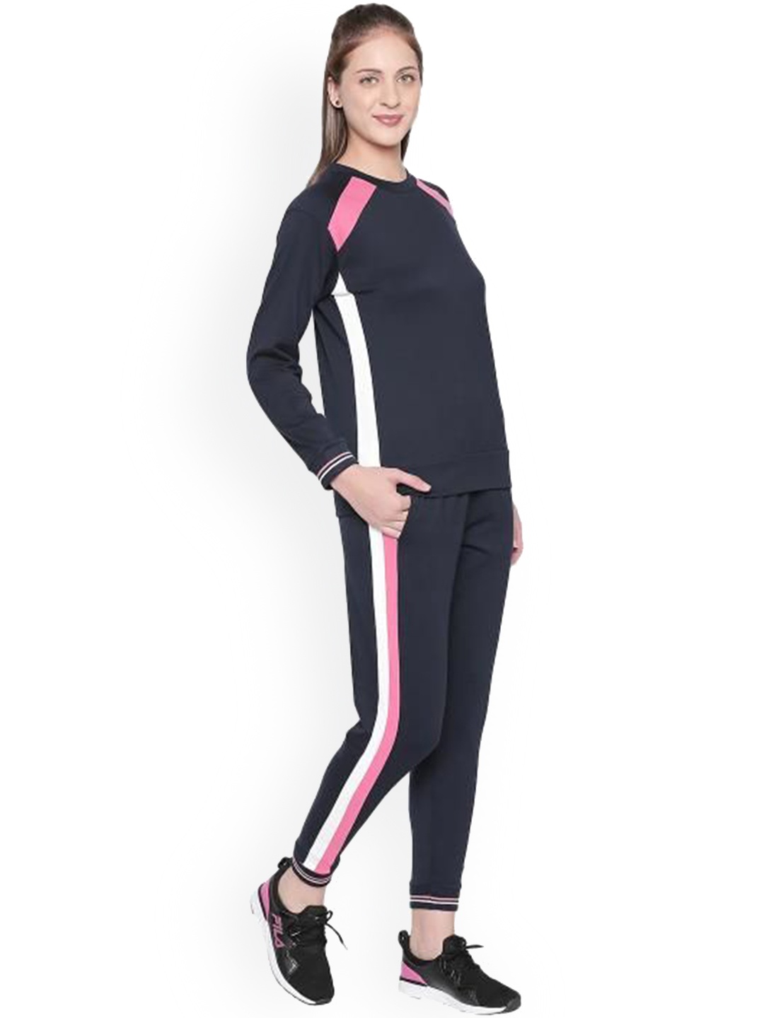 

Tuna London Women Striped Cotton Mid-Rise Joggers, Navy blue