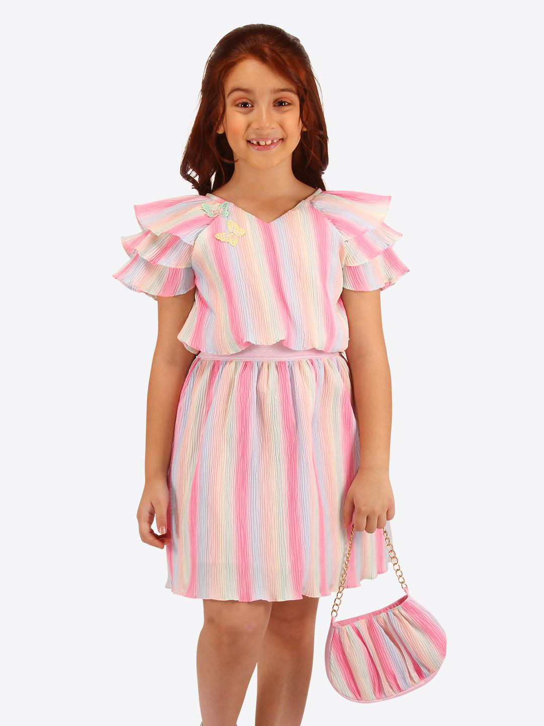 

CUTECUMBER Striped V-Neck Ruffle Sleeve Fit and Flare Dress, Pink