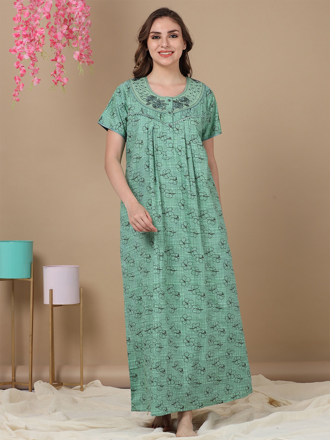 

9shines Label Printed Maxi Nightdress, Green