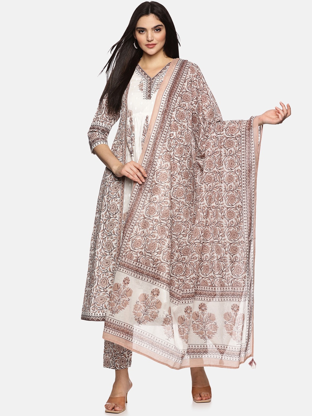 

Palakh Floral Printed Regular Pure Cotton A-Line Kurta With Trousers & Dupatta, Brown