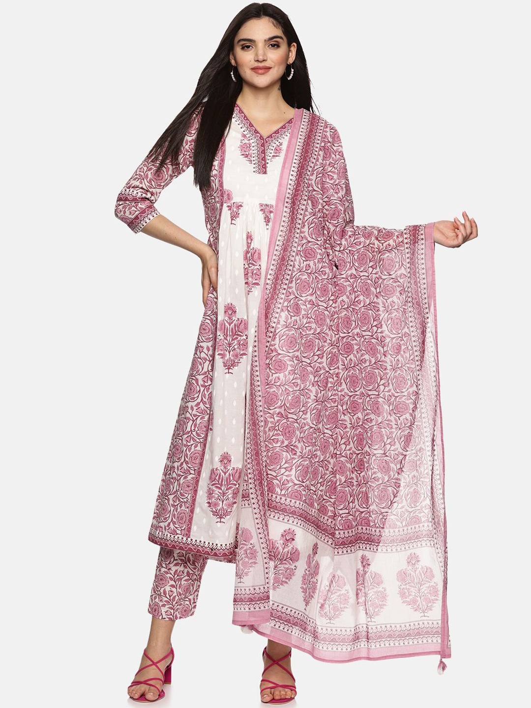 

Palakh Floral Printed Regular Pure Cotton Anarkali Kurta With Trousers & Dupatta, Brown