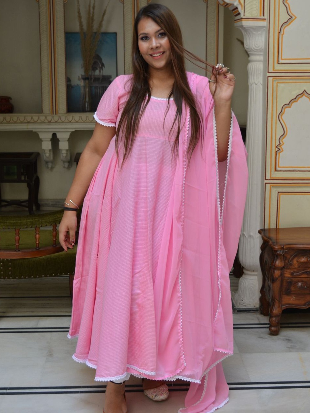 

Swadeshi Shringaar Striped Gotta Patti Anarkali Kurta with Trousers & With Dupatta, Pink