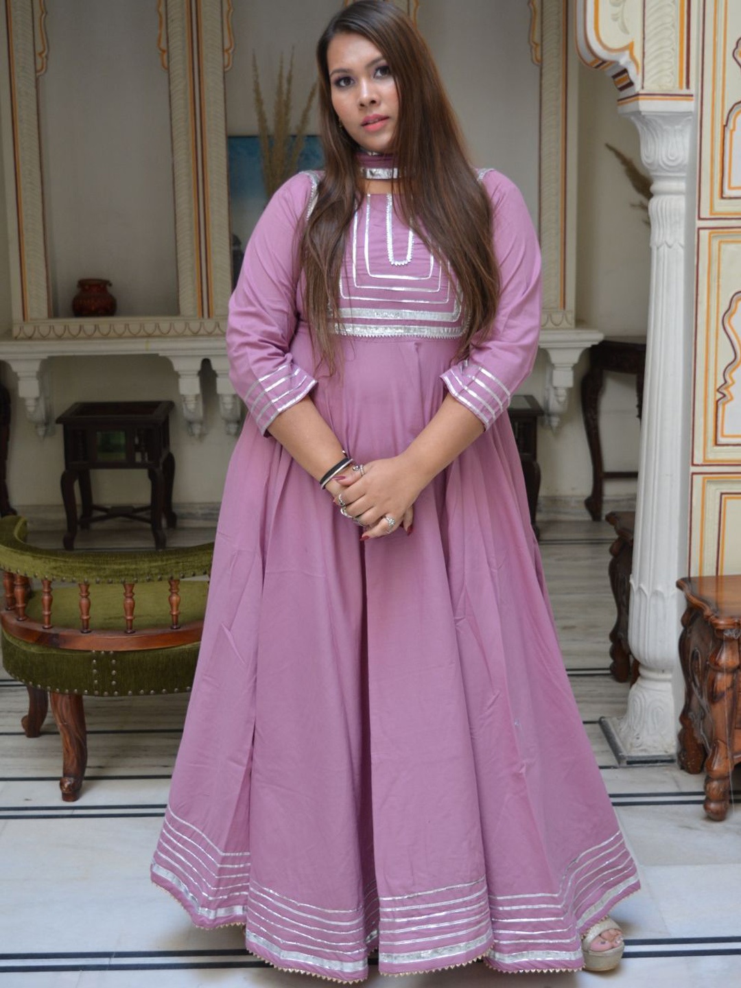 

Swadeshi Shringaar Women Empire Gotta Patti Kurta with Trousers & With Dupatta, Pink