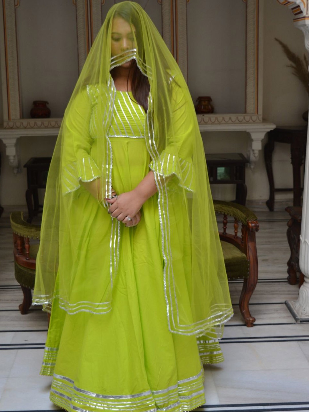 

Swadeshi Shringaar Striped Gotta Patti Bell Sleeves Anarkali Kurta With Trousers & Dupatta, Green