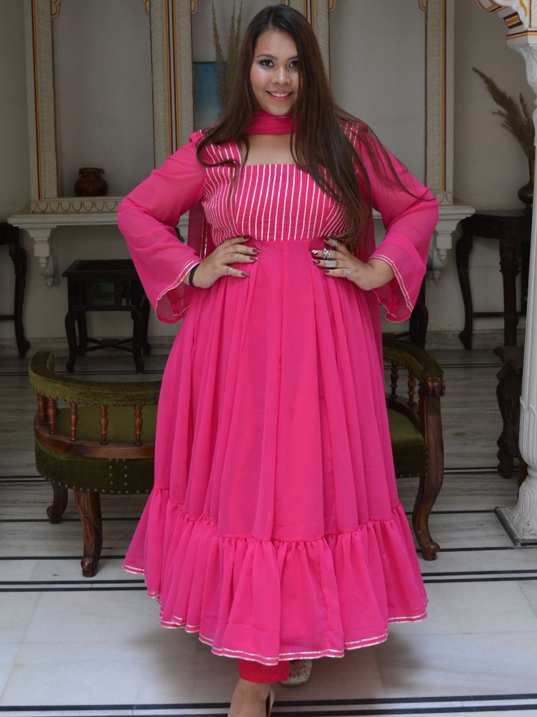 

Swadeshi Shringaar Anarkali Gotta Patti Kurta with Trousers & Dupatta, Fuchsia