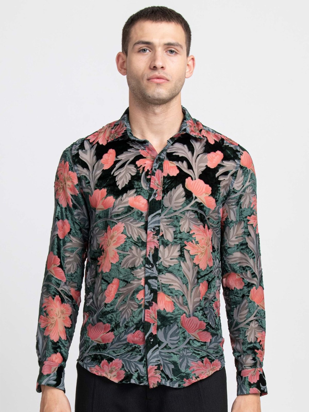 

KISSOSS Classic Slim Fit Floral Printed Casual Shirt, Green