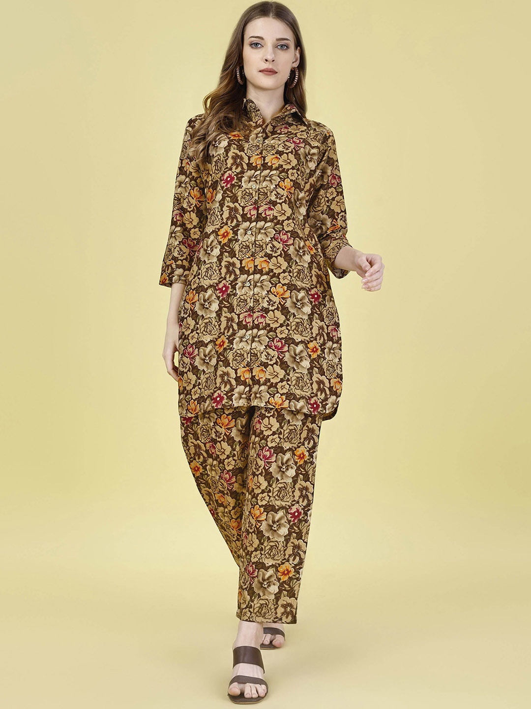 

Ashiya Fab Printed Shirt Collar Tunic & Trousers, Brown