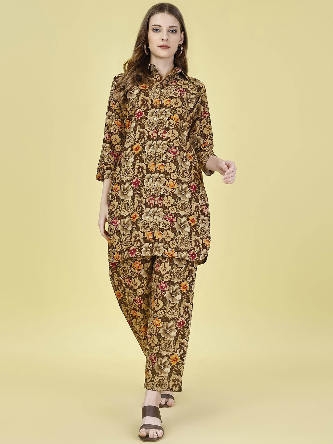 

Ashiya Fab Floral Printed Shirt Collar Tunic With Palazzos, Brown