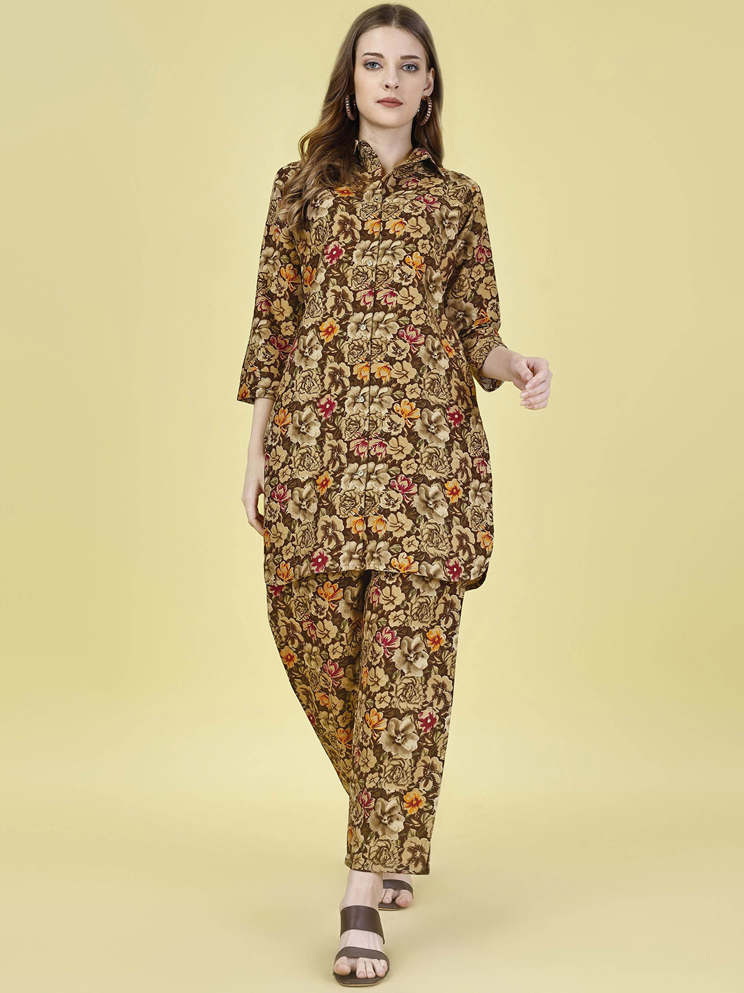 

Ashiya Fab Floral Printed Three-Quarter Sleeves Curved Shirt With Trousers, Brown