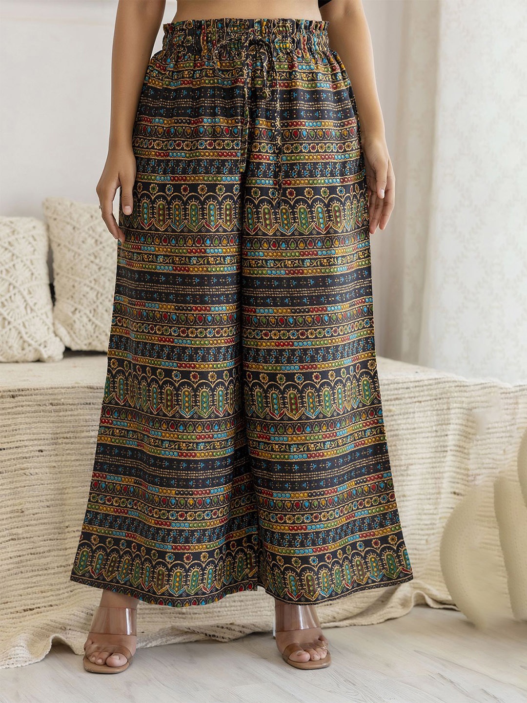 

Nayo Ethnic Motifs Printed Cotton Flared Palazzo, Black