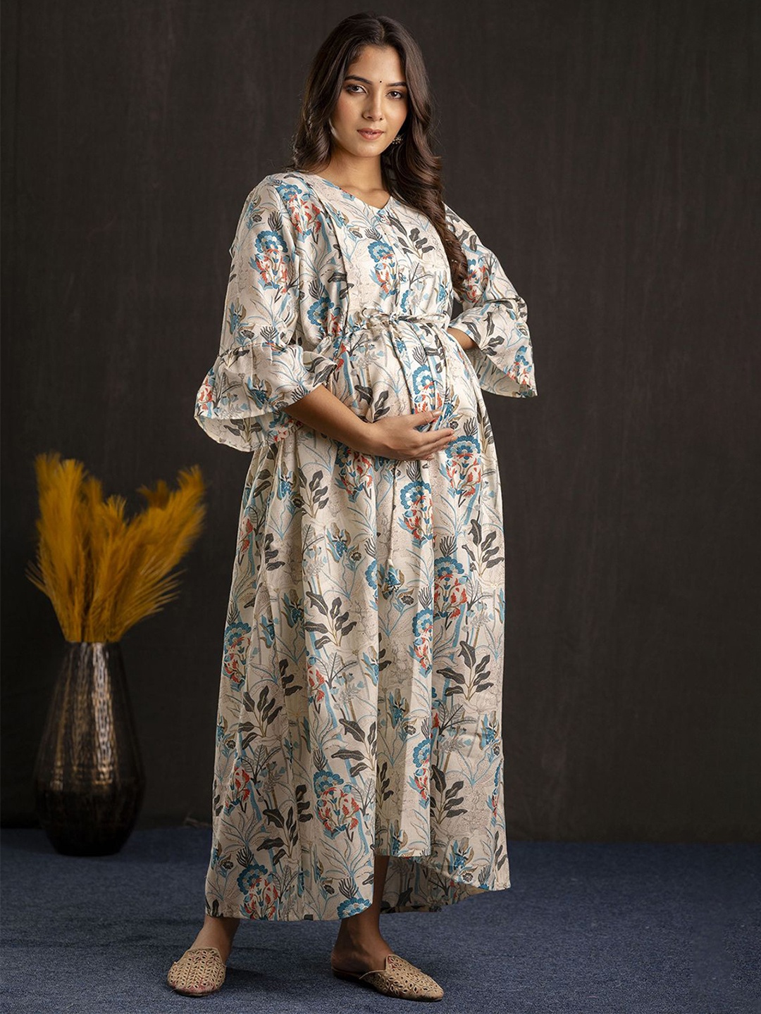 

Nayo V Neck Bell Sleeves Ethnic Motifs Print Maternity Maxi Dress, Off white