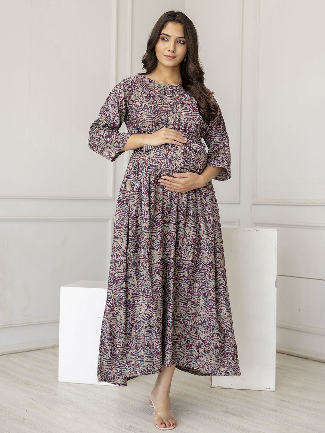 

Nayo Round Neck Floral Print Maternity Maxi Dress, Beige