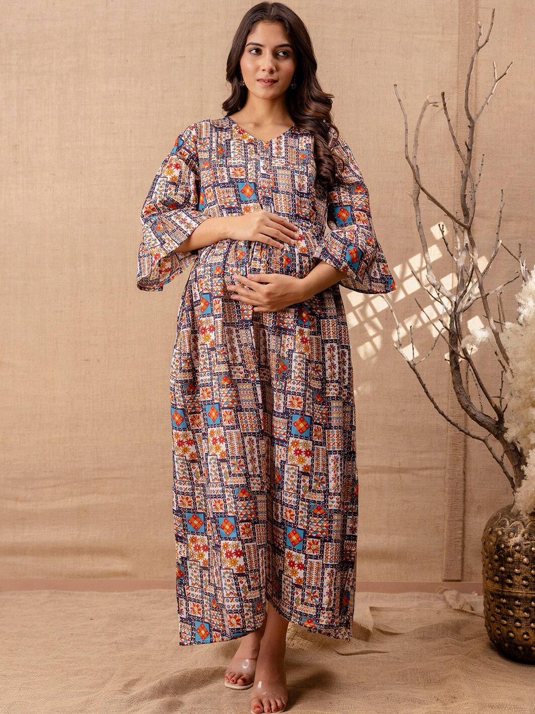 

Nayo Round Neck Flared Sleeves A-Line Maternity Ethnic Dress, Cream