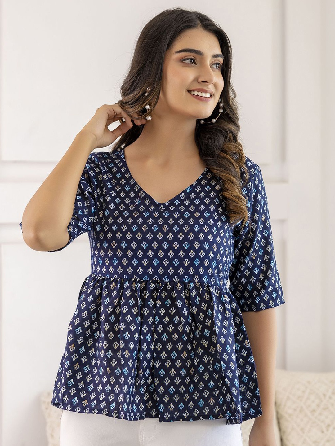 

Nayo Floral Printed V-Neck Cotton Peplum Tunic, Navy blue