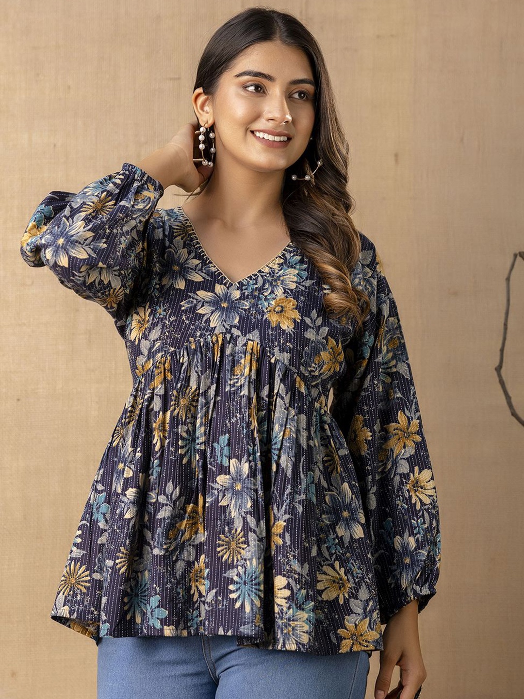 

Nayo Floral Printed Puffed Sleeves V-Neck Cotton Peplum Tunic, Navy blue
