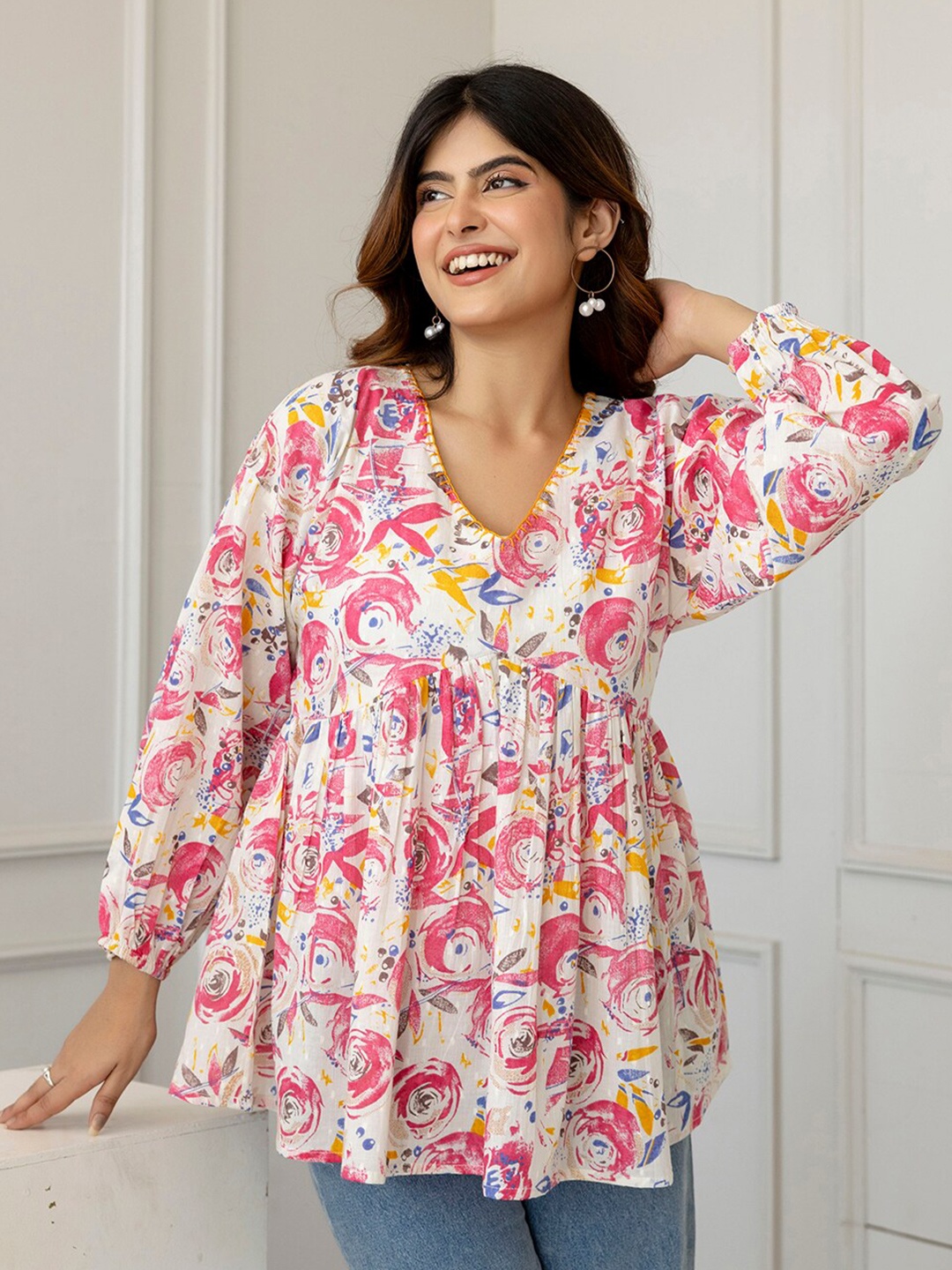 

Nayo Floral Printed Puffed Sleeves V-Neck Cotton Peplum Tunic, Pink