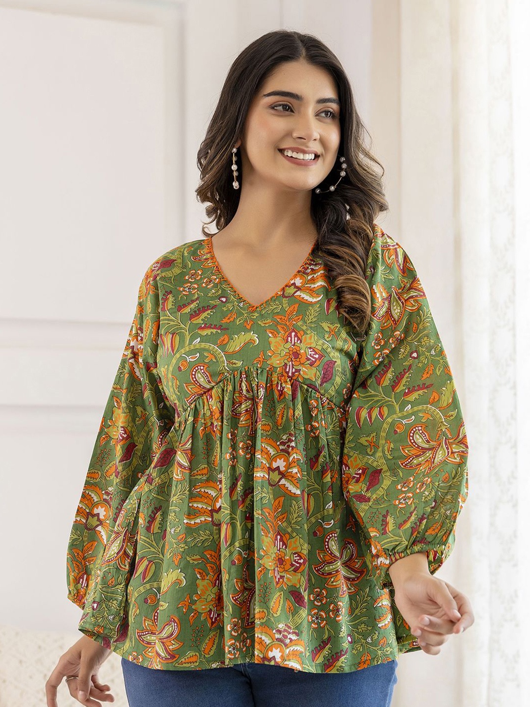 

Nayo Floral Printed Puffed Sleeves V-Neck Cotton Peplum Tunic, Green