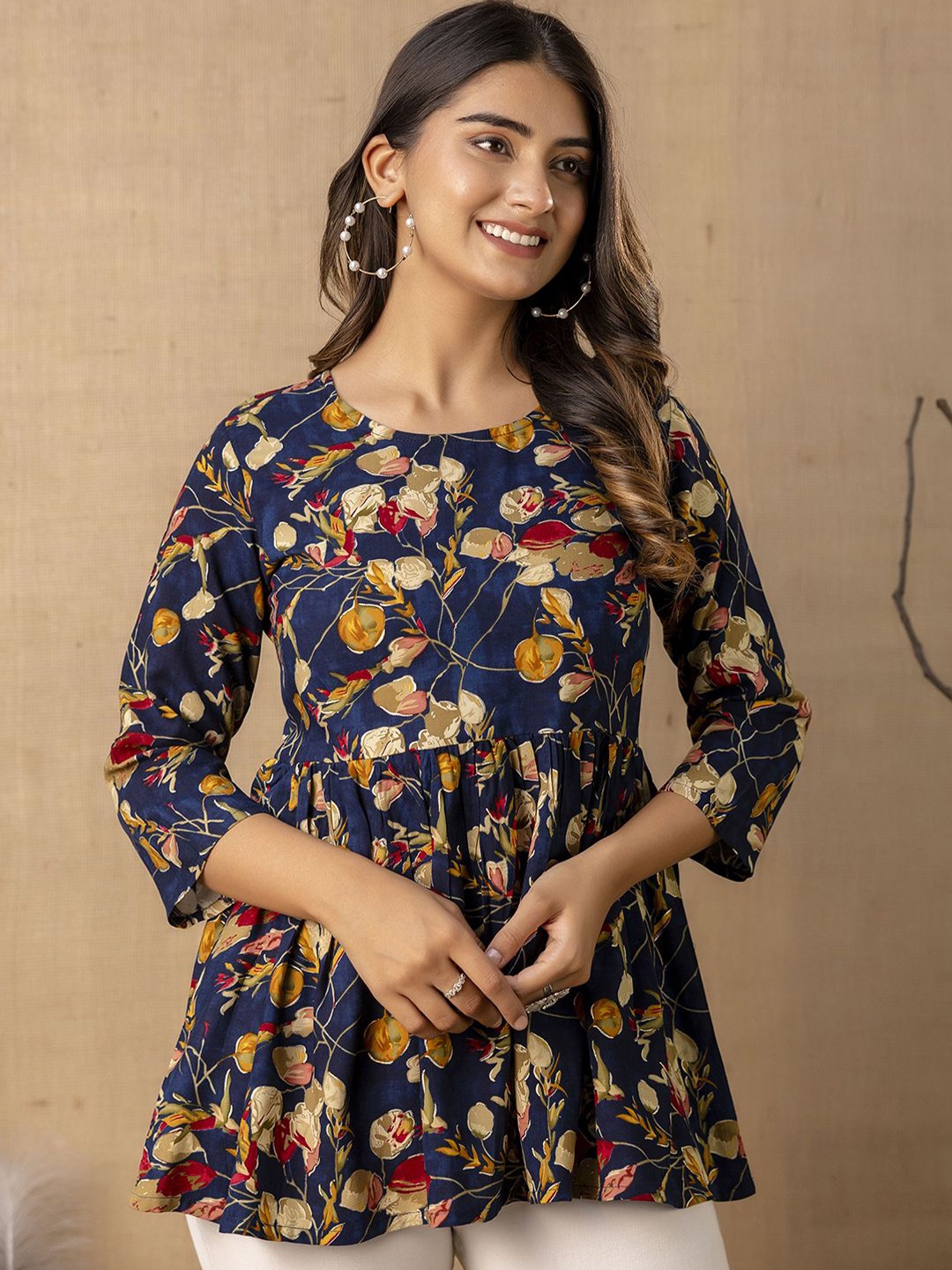 

Nayo Floral Printed V-Neck Peplum Tunic, Navy blue