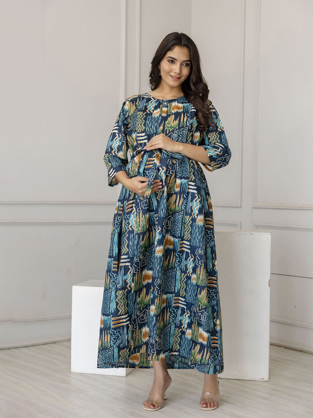 

Nayo Round Neck Geometric Print Maternity Maxi Dress, Blue