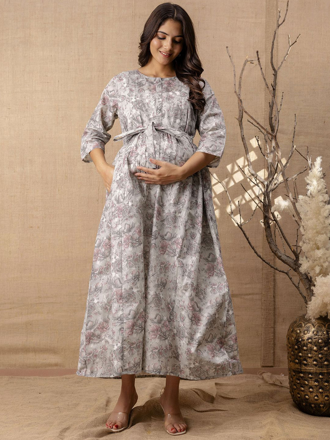 

Nayo Round Neck Floral Print Maternity A-Line Maxi Dress, Grey