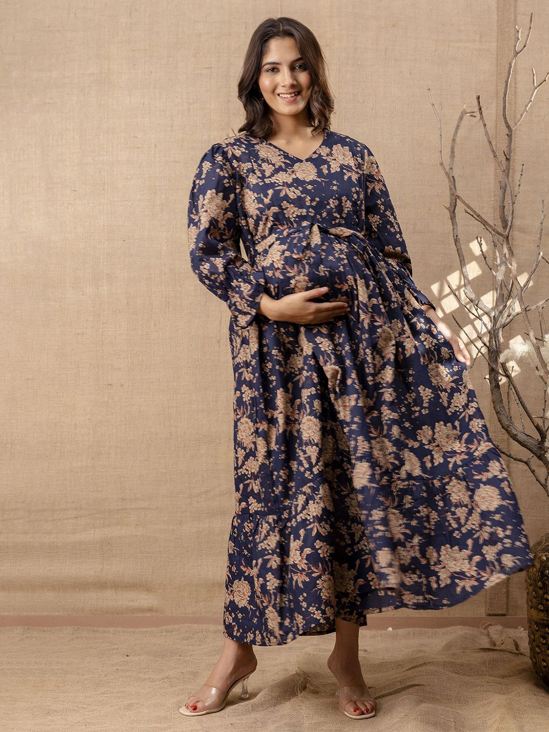 

Nayo V Neck Puff Sleeves A-Line Maternity Ethnic Dress, Navy blue