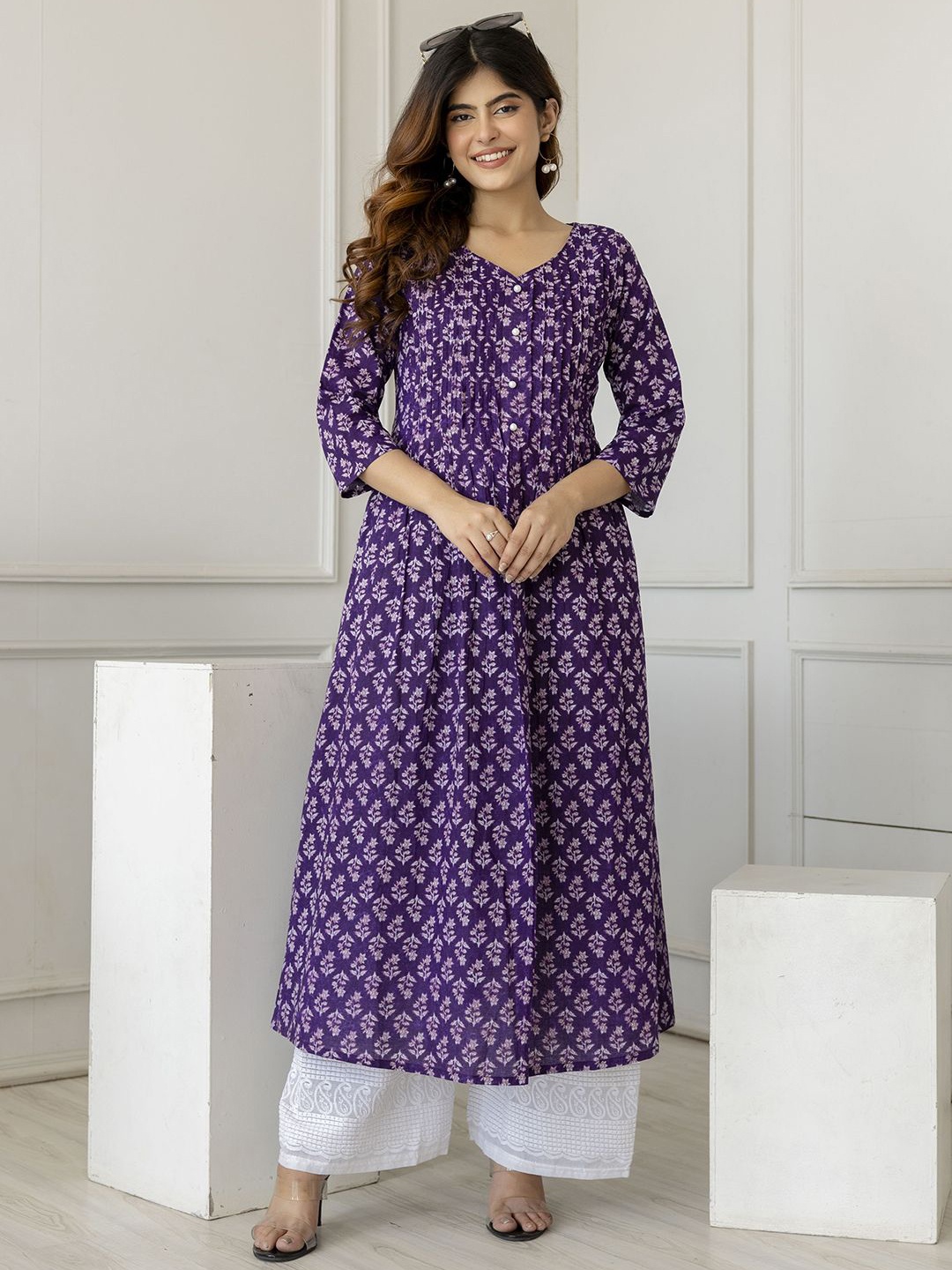 

Nayo Floral Printed V-Neck Pure Cotton A-Line Pleated Kurta, Purple