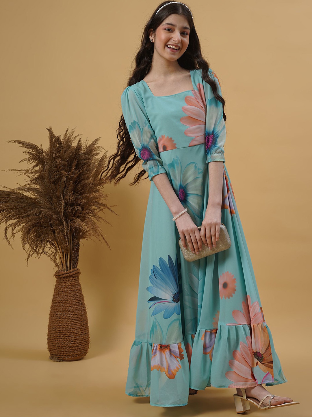 

BAESD Girl Floral Puff Sleeves Georgette Flared Maxi Dress, Sea green