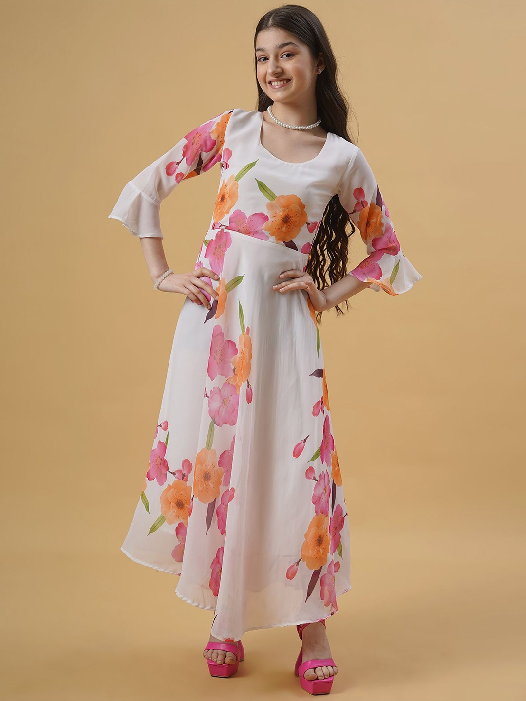 

BAESD Girls Floral Printed Georgette Maxi Dress, White