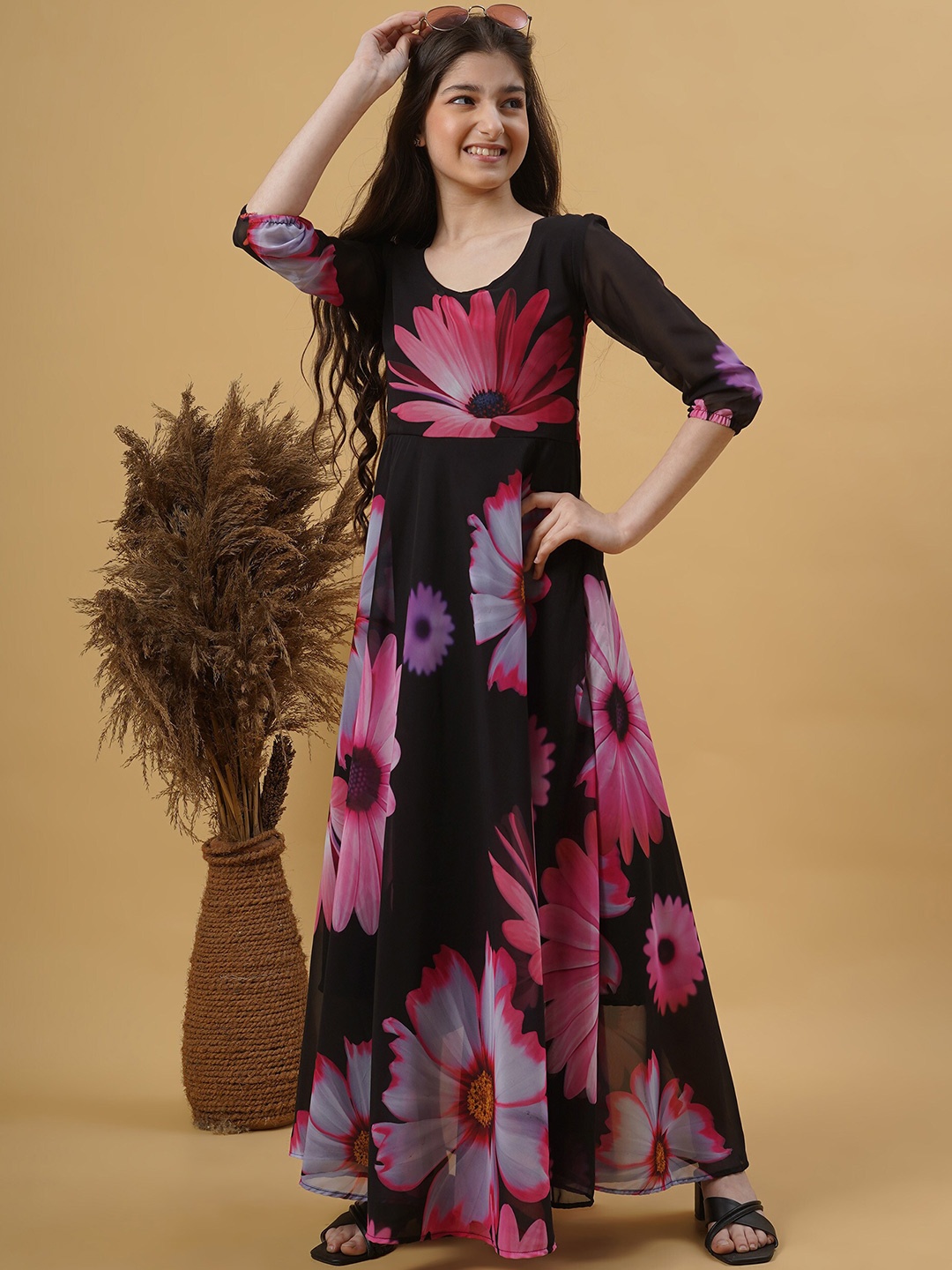 

BAESD Girls Floral Printed Georgette Maxi Dress, Black