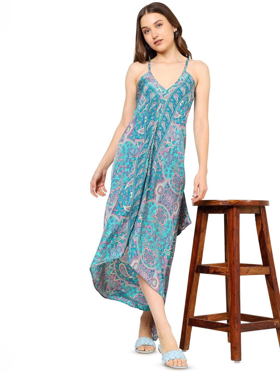 

YASH GALLERY Ethnic Motifs Printed Shoulder Straps High-Low Hem A-Line Maxi Dress, Teal