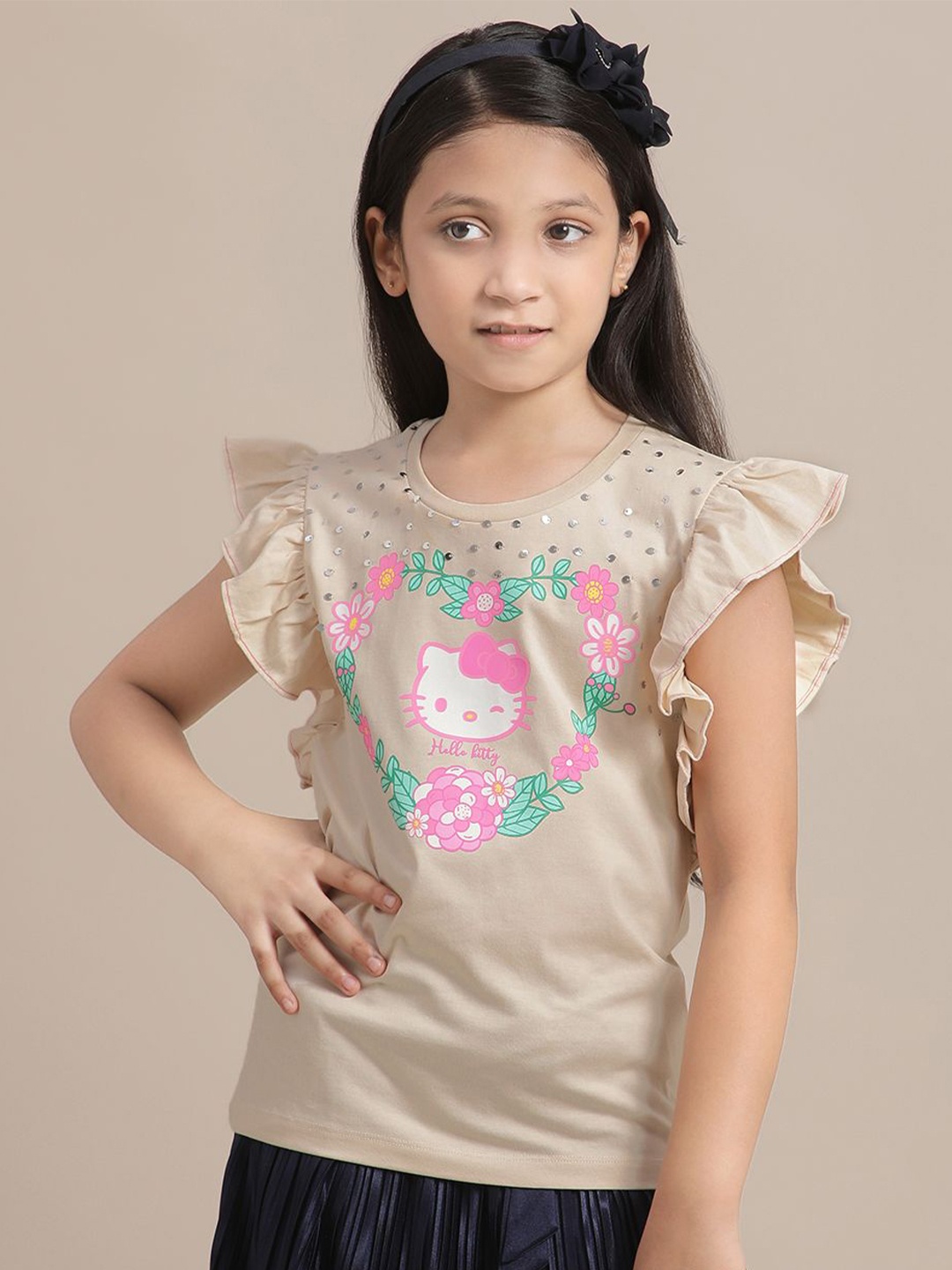 

Kids Ville Girls Hello Kitty Printed Puff Sleeves Pure Cotton T-shirt, Beige