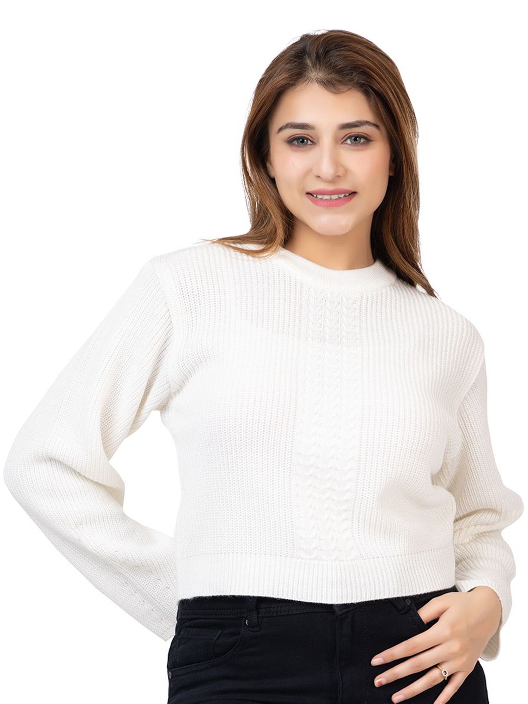 

TWENTY ME Round Neck Woollen Boxy Top, White