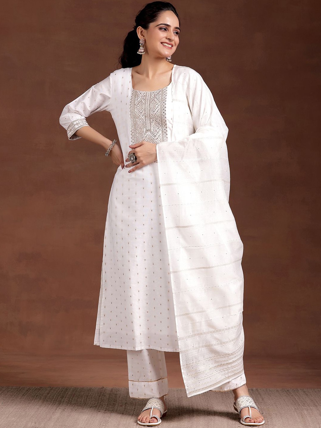 

Libas Self Design Regular Kurta with Trousers & With Dupatta, White