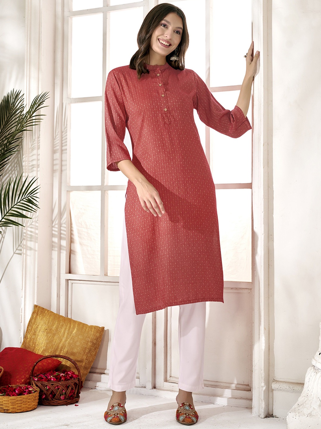 

Anouk Peach Coloured Geometric Printed Mandarin Collar Straight Kurta