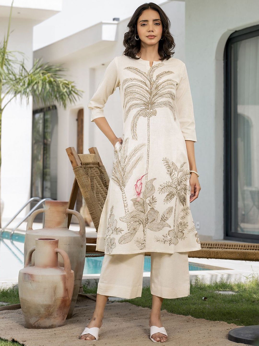 

Divena Floral Printed Round Neck Pure Cotton Kurta with Trousers, Off white