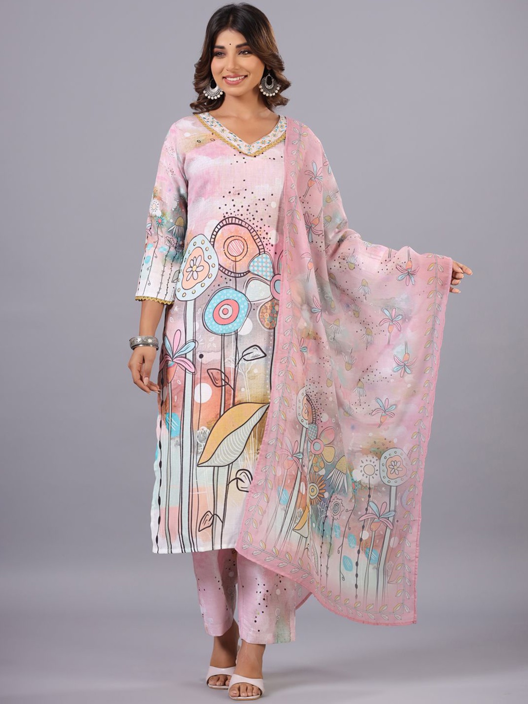 

Amchoor Floral Printed V-Neck Three Quater Sleeves Pure Cotton Kurta & Trousers & Dupatta, Pink