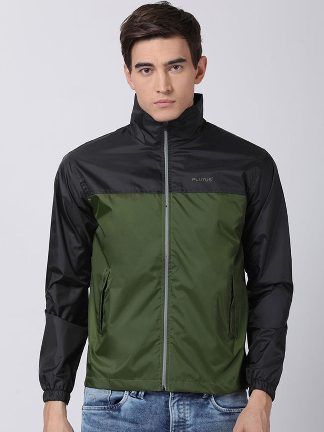 

Plutus Colourblocked Mock Collar Windcheater Crop Outdoor Sporty Jacket, Green
