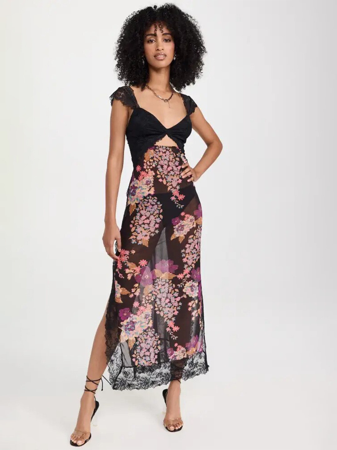 

LULU & SKY Floral Print Lace-Up Semi Sheer Maxi Dress, Black