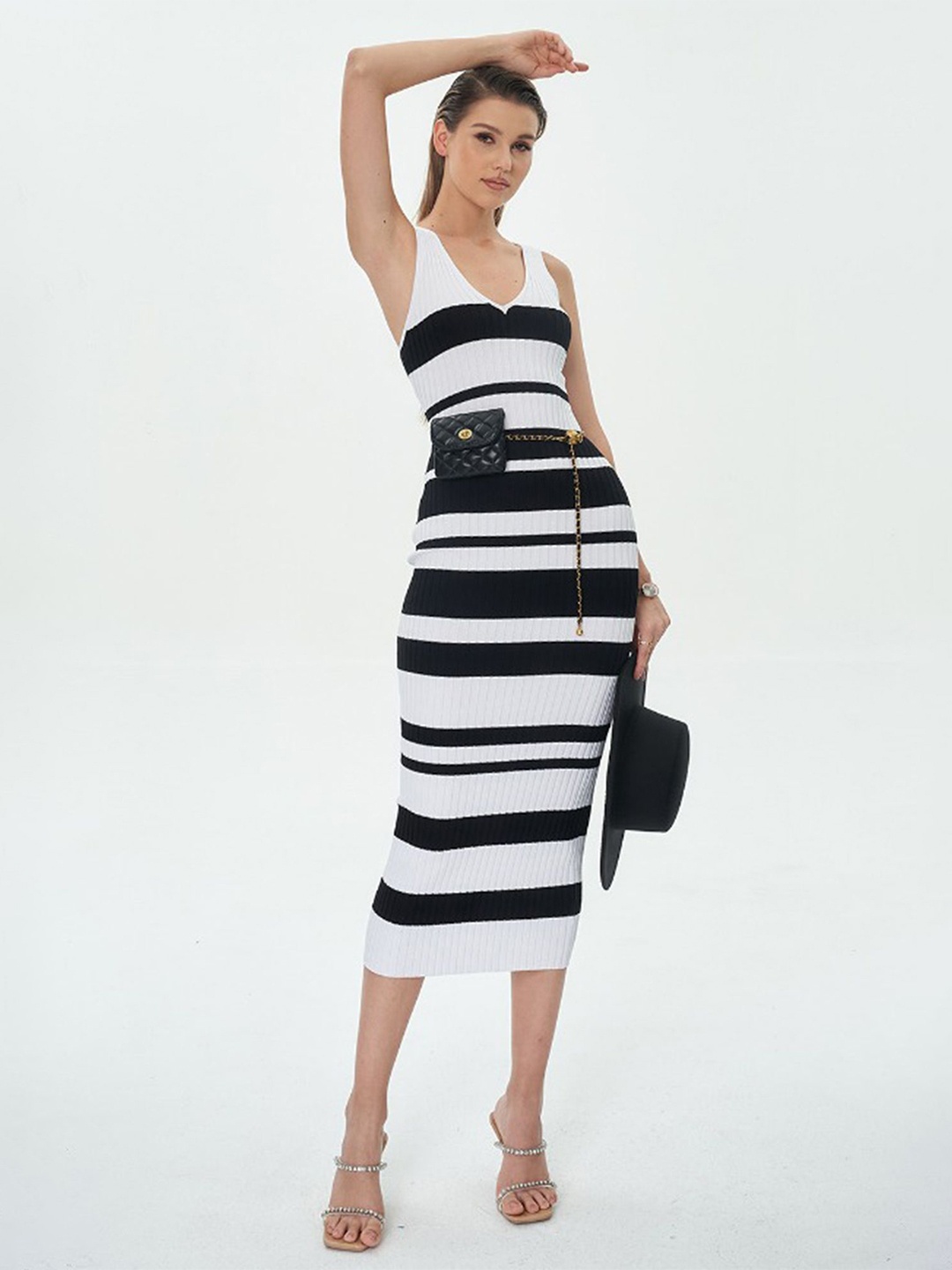 

LULU & SKY White Horizontal Striped Sleeveless Bodycon Midi Dress