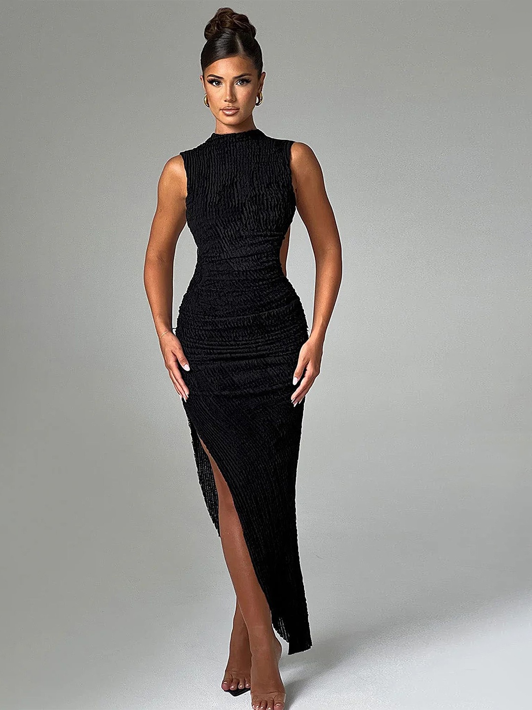 

LULU & SKY Self Design Halter Neck Cut-Outs Bodycon Maxi Dress, Black
