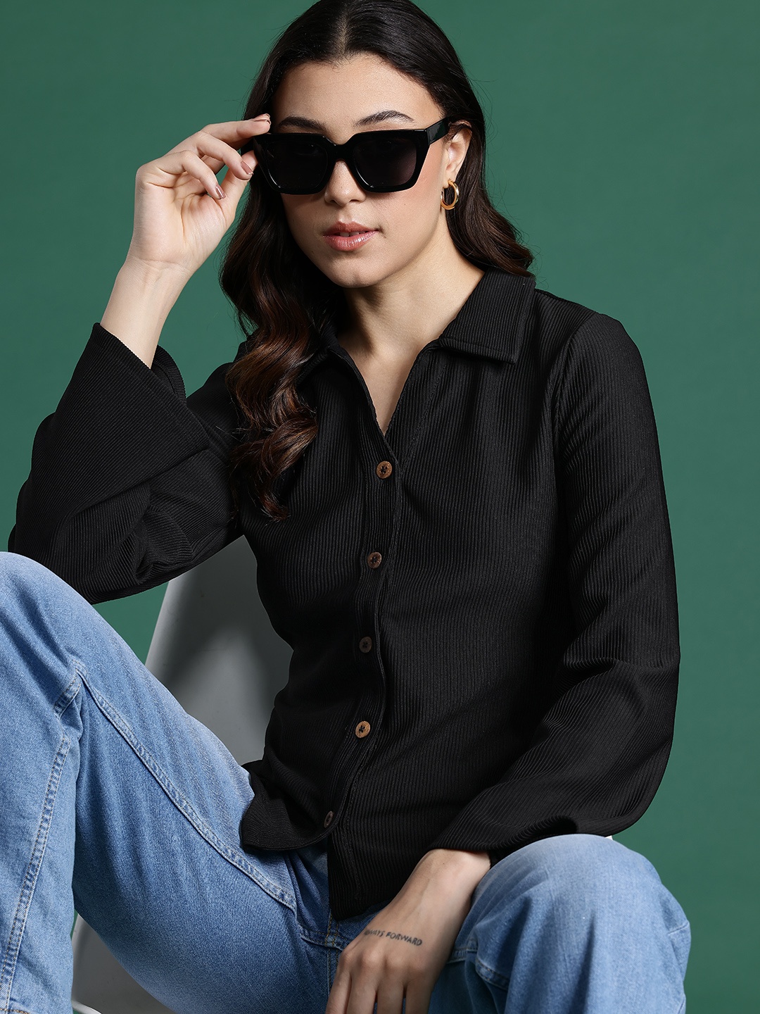 

DressBerry Bizwear Ribbed Shirt Style Top, Black