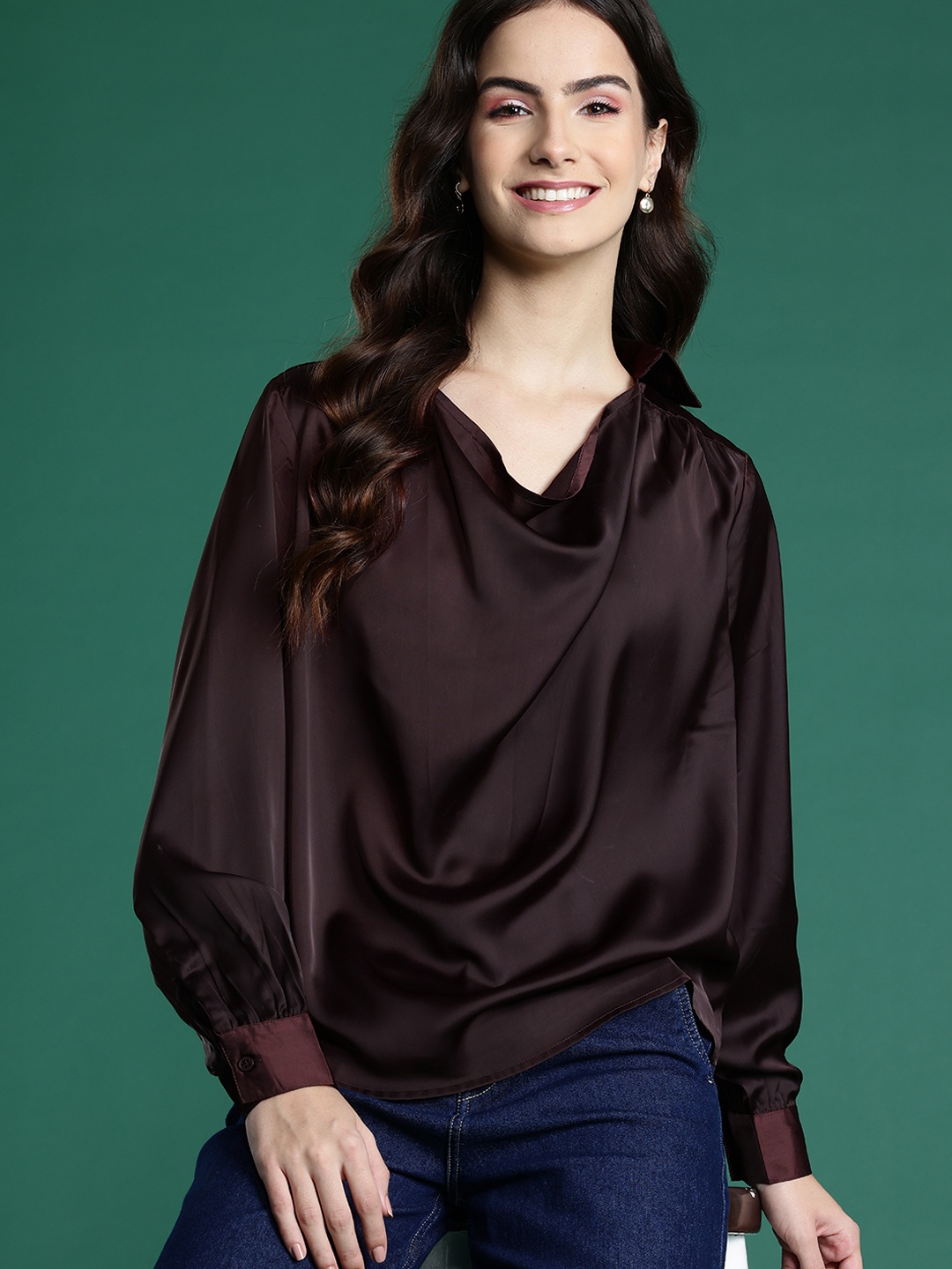 

DressBerry Bizwear Cowl Neck Satin Top, Brown