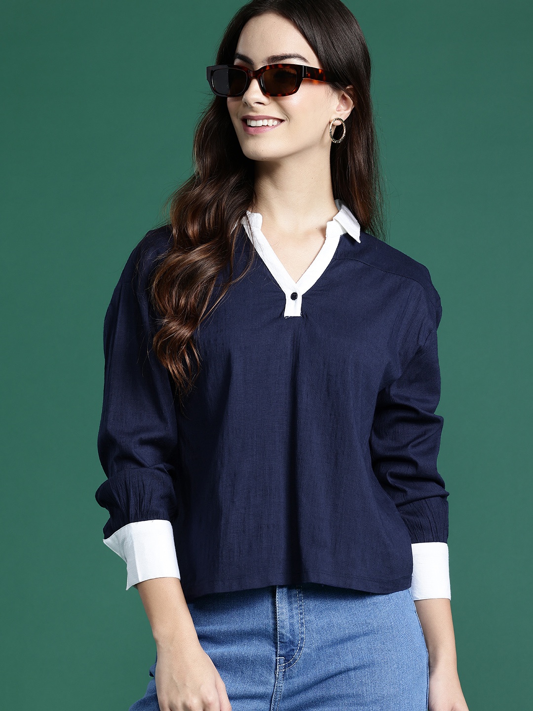 

DressBerry Nautical Shirt-Style Top, Navy blue