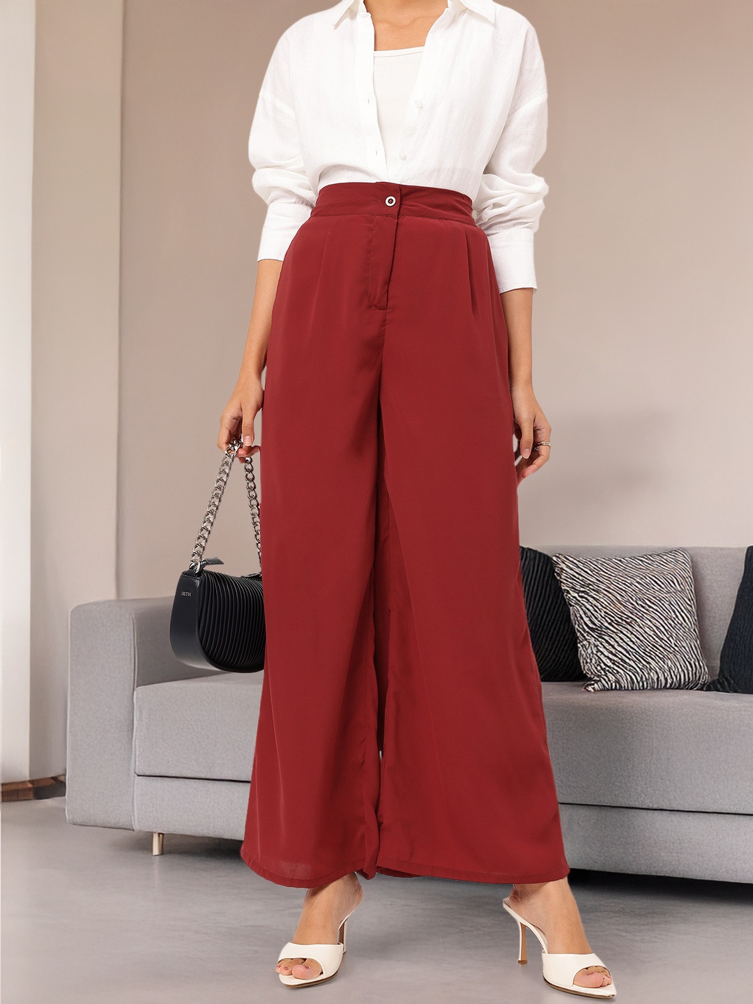 

DressBerry Women High-Rise Pleated Flared Trousers, Maroon