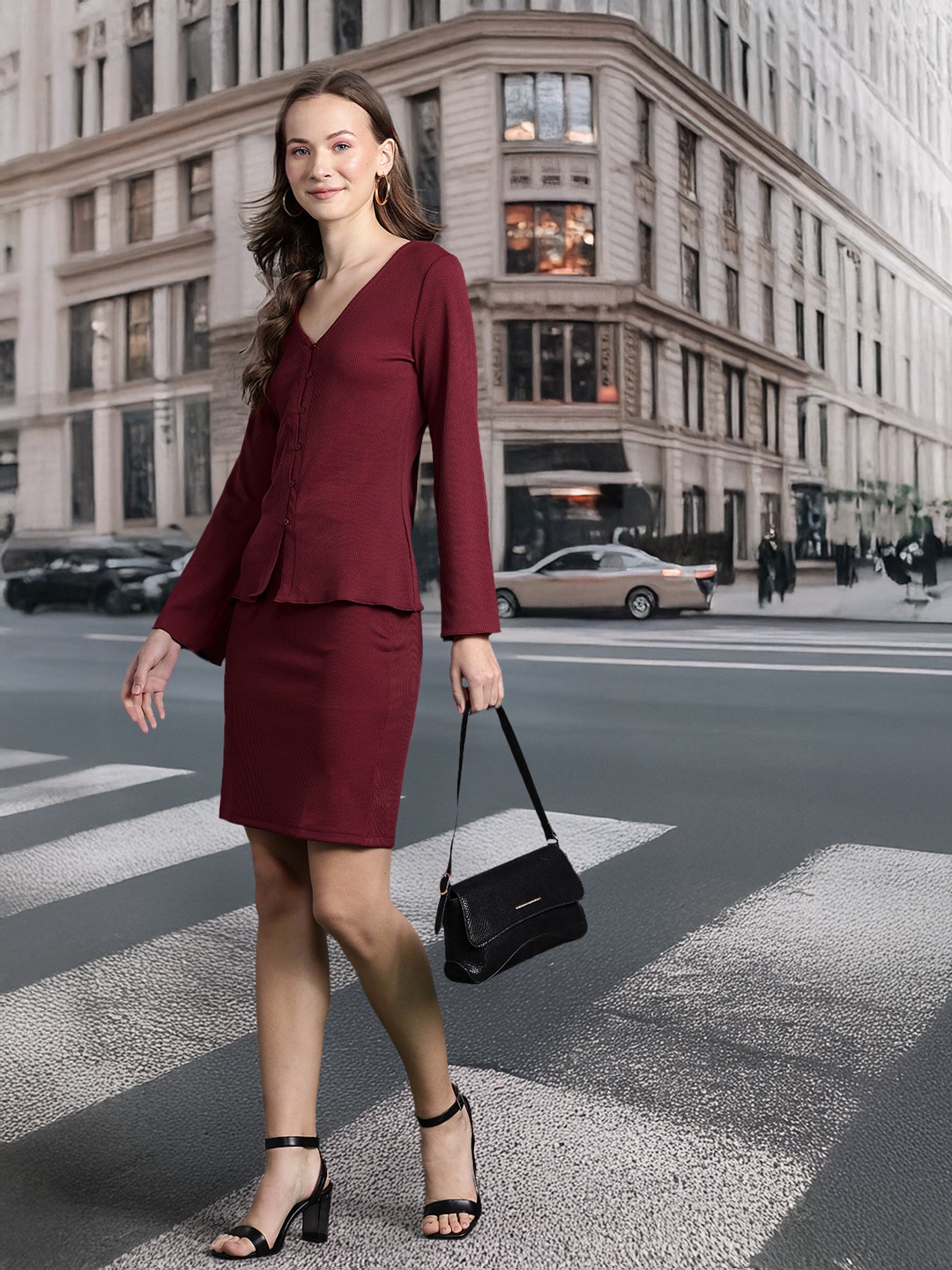 

DressBerry V-Neck Top With Fitted Skirt, Maroon