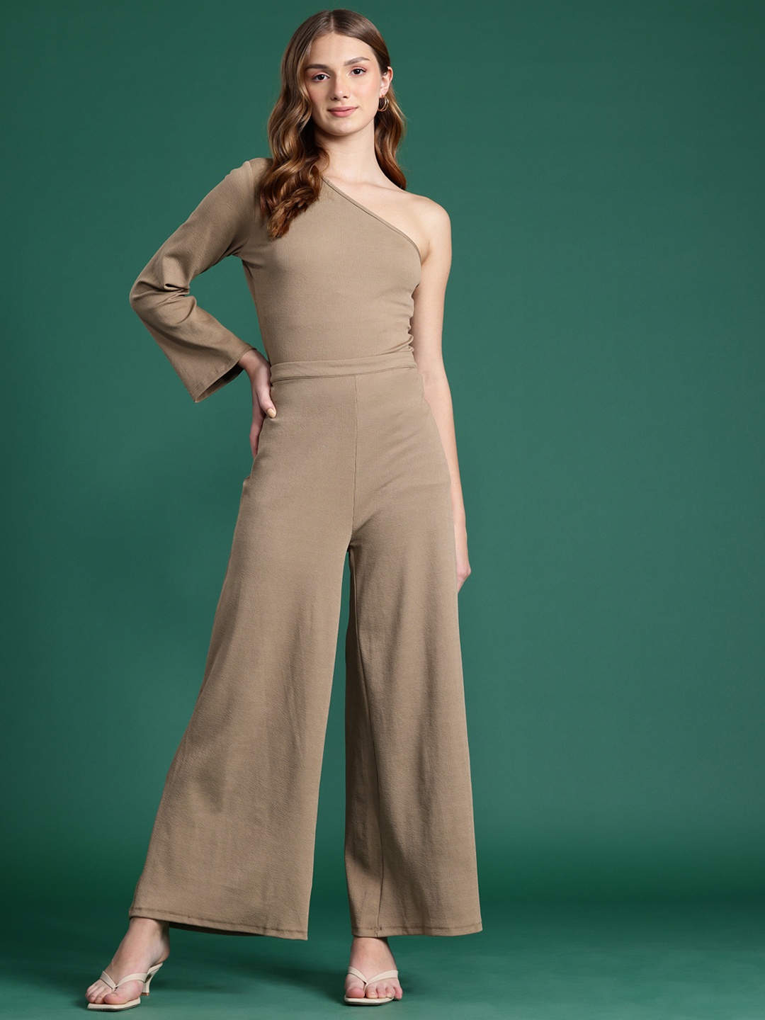 

DressBerry Ribbed One-Shoulder Top with Trousers Co-ords, Beige